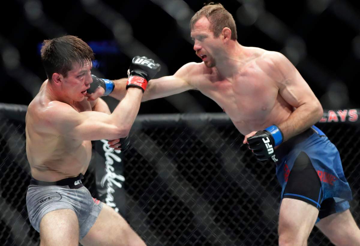 Donald Cerrone, right, punches Alexander Herenandez during the second round of a lightweight mixed martial arts bout at UFC Fight Night on Saturday, Jan. 19, 2019, in New York. Cerrone will fight Al Iaquinta when the UFC comes to Ottawa on May 4.
