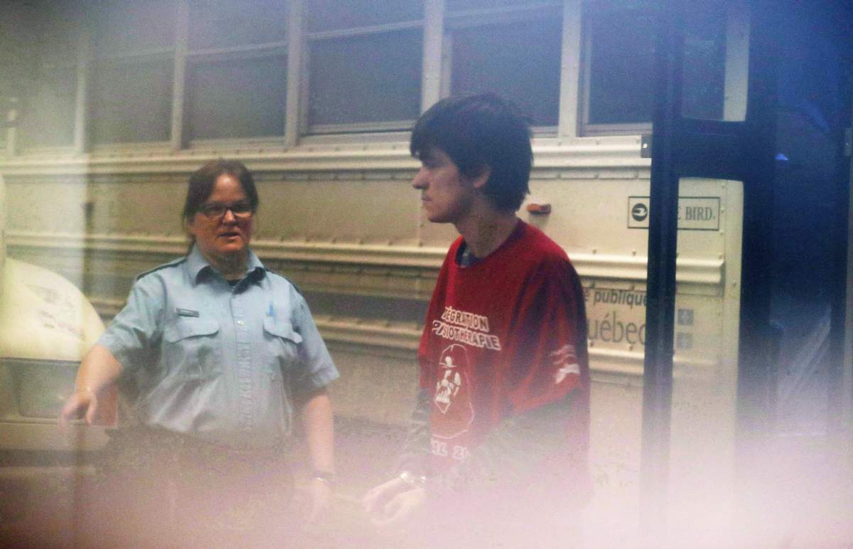 Alexandre Bissonnette, who killed six worshippers at a Quebec City mosque, arrives at the court house on Tuesday, Feb. 21, 2017. 