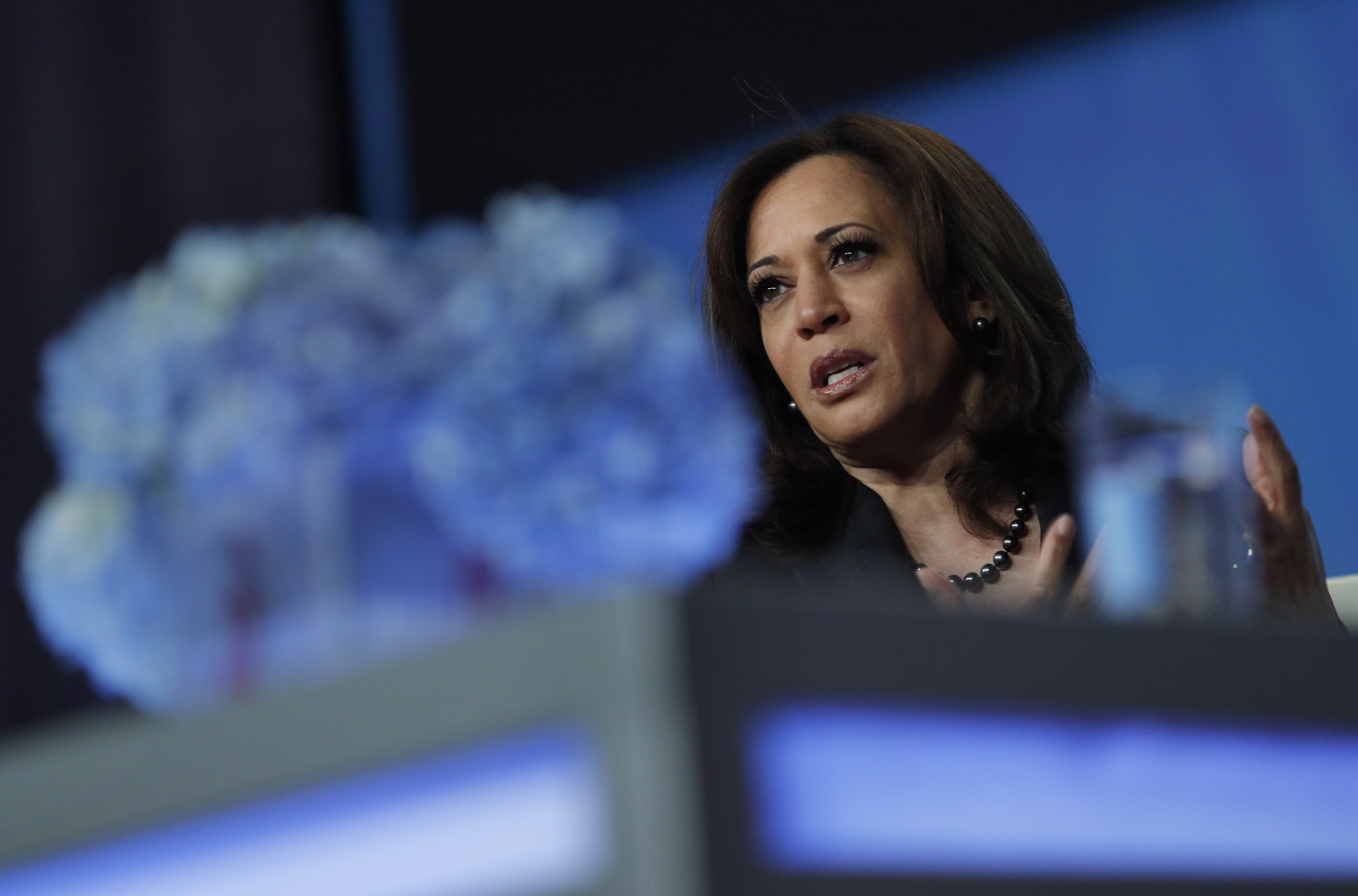 Sen. Kamala Harris, D-Calif., speaks at the Black Enterprise Women of Power Summit, Friday, March 1, 2019, in Las Vegas. 