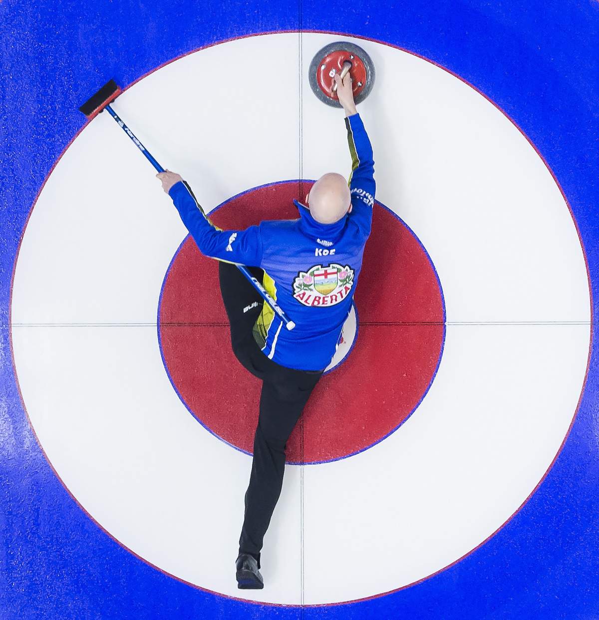 Team Alberta skip Kevin Koe makes a shot during the 10th draw against team British Columbia at the Brier in Brandon, Man. Tuesday, March, 5, 2019.