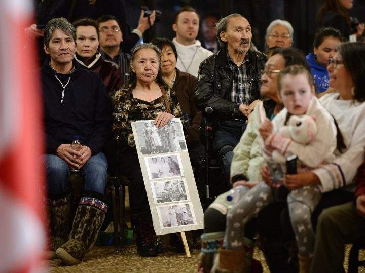 People gather to hear Prime Minister Justin Trudeau deliver an official apology to Inuit for the federal government’s management of tuberculosis in the Arctic from the 1940s to the 1960s during an event in Iqaluit, Nunavut on Friday, March 8, 2019.