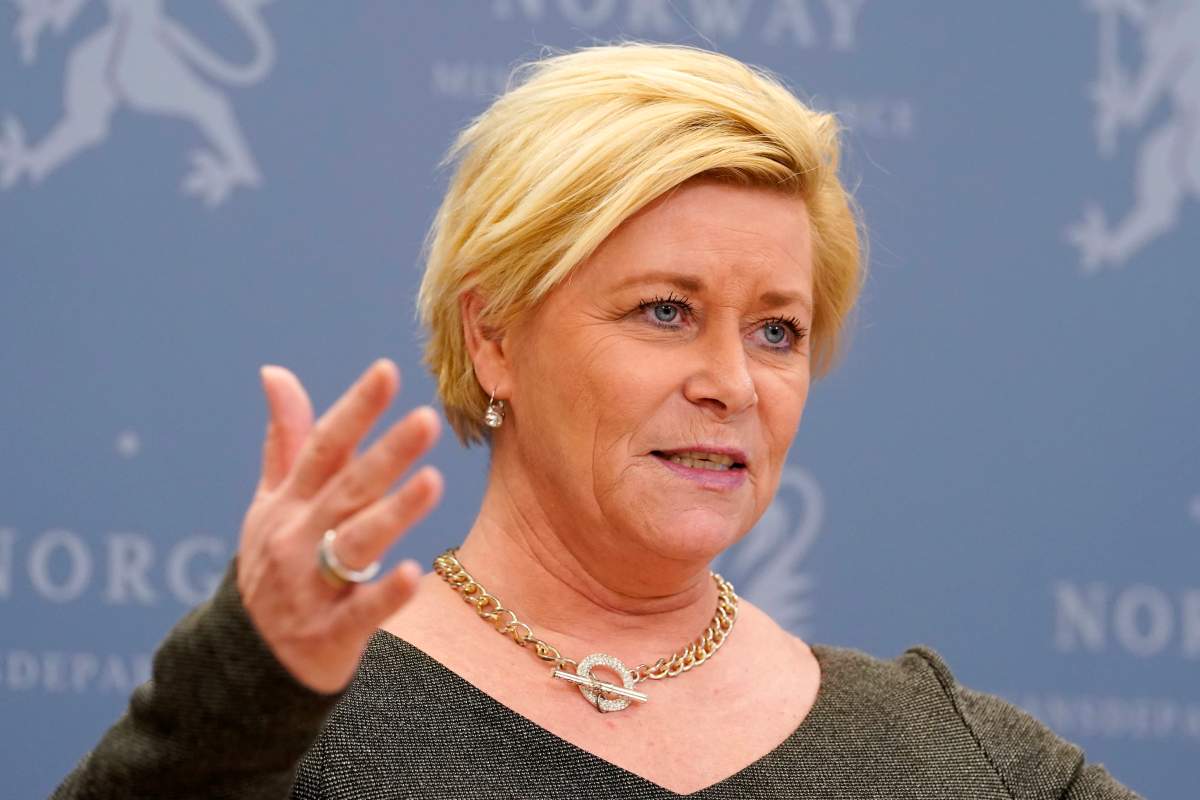 Minister of Finance Siv Jensen speaks during a press conference in Oslo, Norway, Friday March 8, 2019. Norway's $1 trillion wealth fund, the biggest of its kind in the world, will begin dumping shares in oil and gas companies, Minister of Finance Siv Jensen said Friday March 8, 2019.