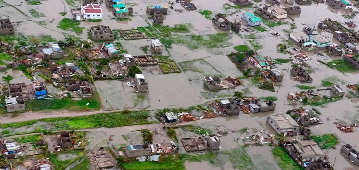 This image made available by International Federation of Red Cross and Red Crescent Societies (IFRC) on Monday March 18, 2019, shows an aerial view from a helicopter of flooding in Beira, Mozambique.