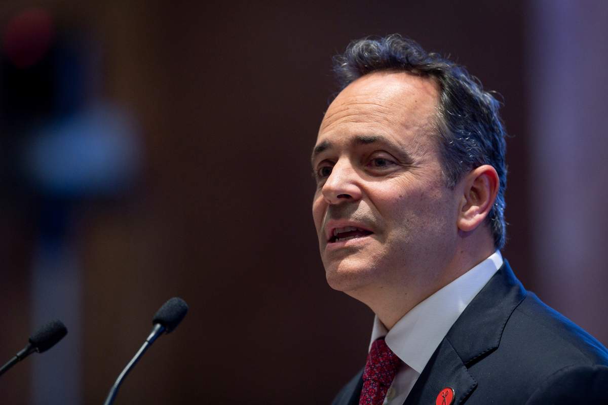This Feb. 7, 2019, file photo shows Kentucky Gov. Matt Bevin delivering the State of the Commonwealth address to a joint session of the state legislature at the state Capitol in Frankfort, Ky. 