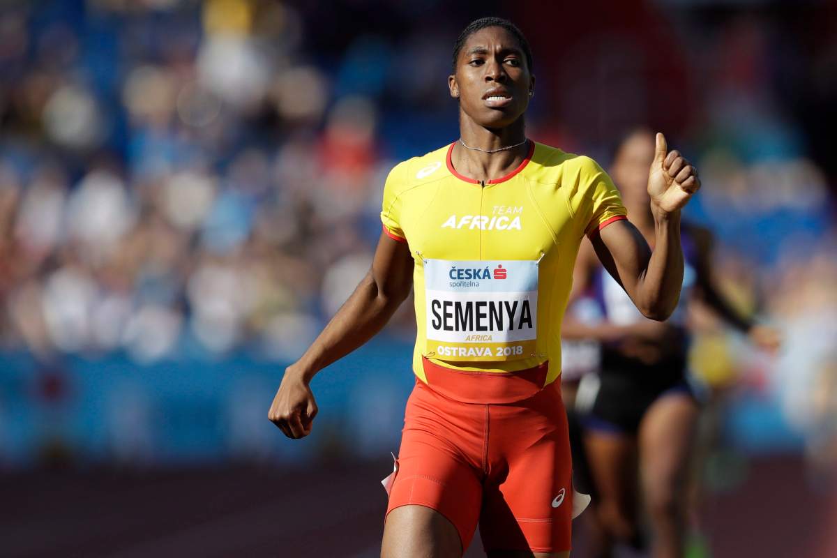 Caster Semenya of South Africa crosses the finish line to win the women's 800 meters for Africa at the IAAF track and field Continental Cup in Ostrava, Czech Republic, Sunday, Sept. 9, 2018. 