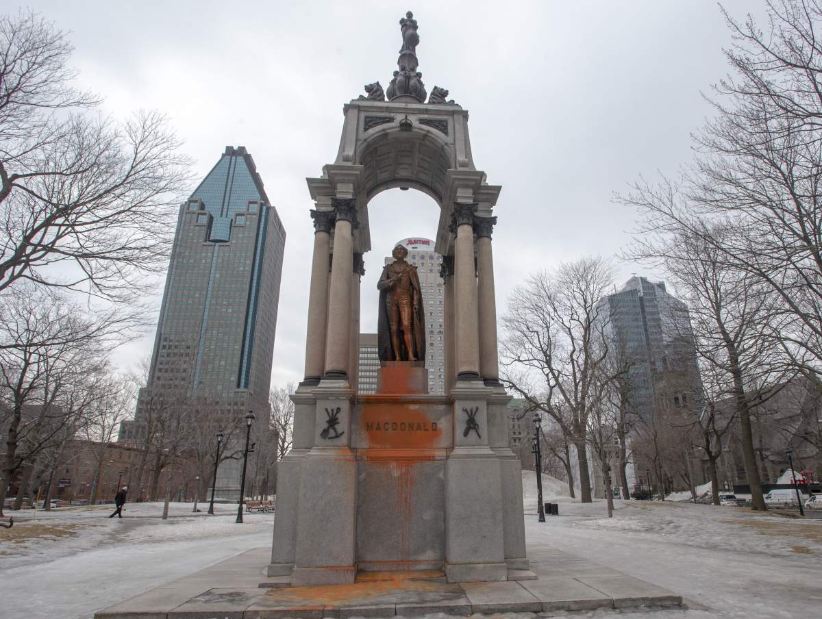 The statue of John A. Macdonald was vandalized again Thursday, March 21, 2019 in Montreal. A group claiming responsibility says they want the statue removed alleging the former prime minister was a racist. 