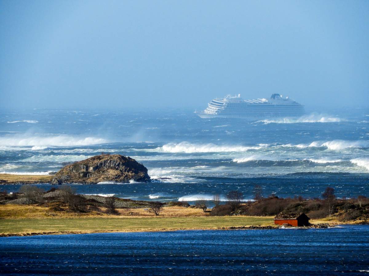 Cruise ship Viking Sky is drifting towards land and had sent out a mayday signal, off Hustadvika, Norway, 23 March 2019.