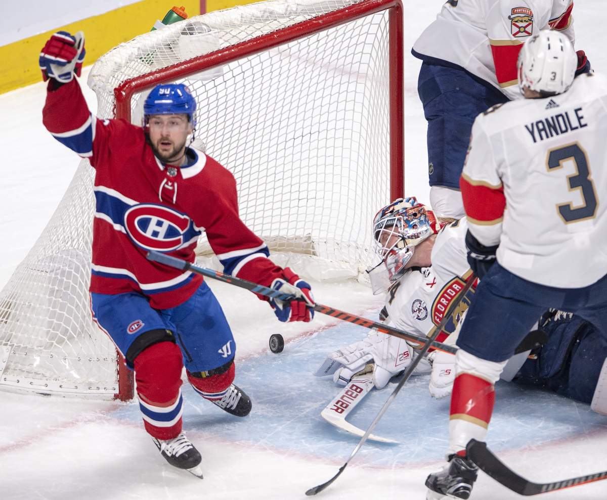 Montreal Canadiens left wing Tomas Tatar (90) reacts after scoring his second goal of the game against Florida Panthers goaltender James Reimer (34) during first-period NHL hockey action Tuesday, March 26, 2019 in Montreal.