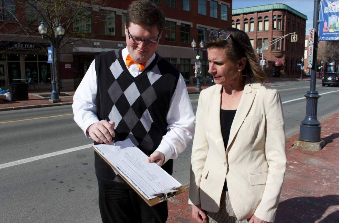 Mackenzie Thomason in a photo with then New Brunswick NDP leader Jennifer McKenzie during the 2019 provincial election. Thomason is now the interim-leader of the New Brunswick NDP. 