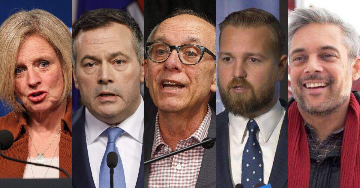 From left to right: NDP leader Rachel Notley, UCP leader Jason Kenney, Alberta Party leader Stephen Mandel, Freedom Conservative Party leader Derek Fildebrandt, Alberta Liberal leader David Khan.