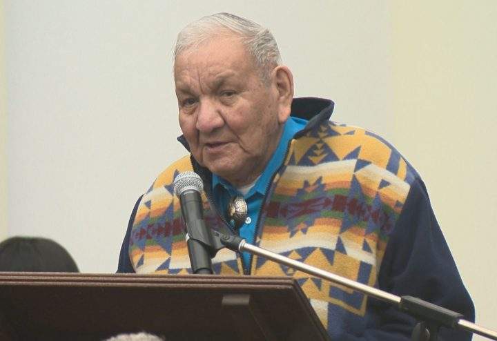 After his art was unveiled in the Alberta legislature on Monday, Alex Janvier finished his speech to a standing ovation.