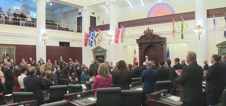 After his art was unveiled in the Alberta legislature on Monday, Alex Janvier finished his speech to a standing ovation.
