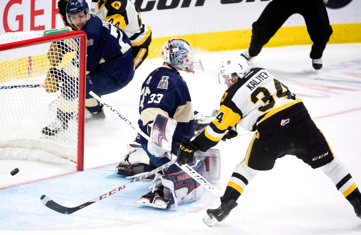 Hamilton Bulldogs' Arthur Kaliyev fails to get a shot past Regina Pats goaltender Max Paddock during third period of Memorial Cup action in Regina on Friday May, 18, 2018.