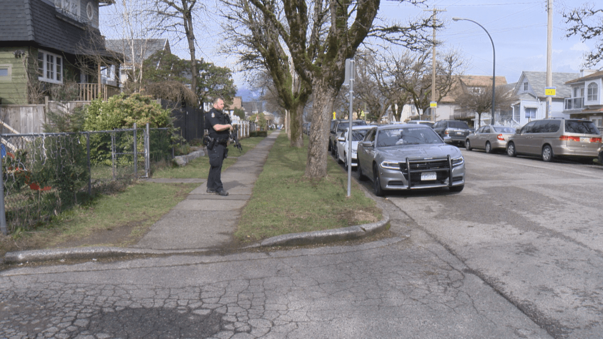 Vancouver police officers outside a B.C. Muslim Association mosque in Vancouver on Friday.