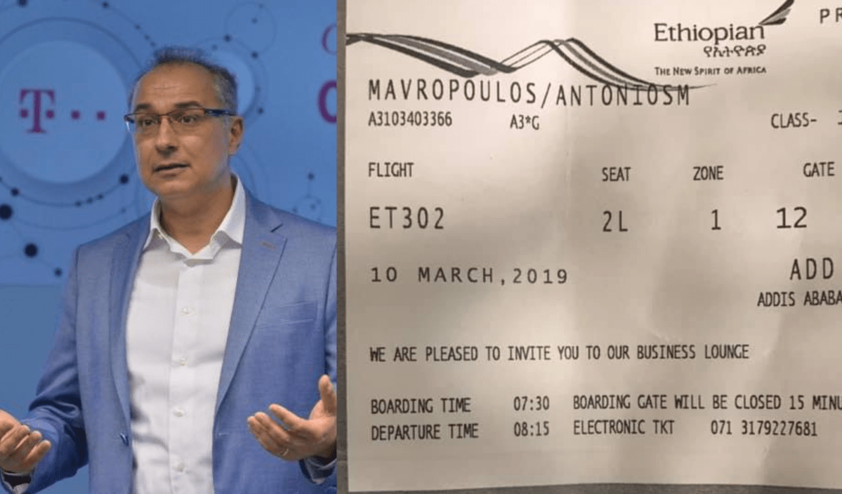 Antonis Mavropoulos posted a picture of his ticket to board the fatal flight ET302 on March 10, 2019. 