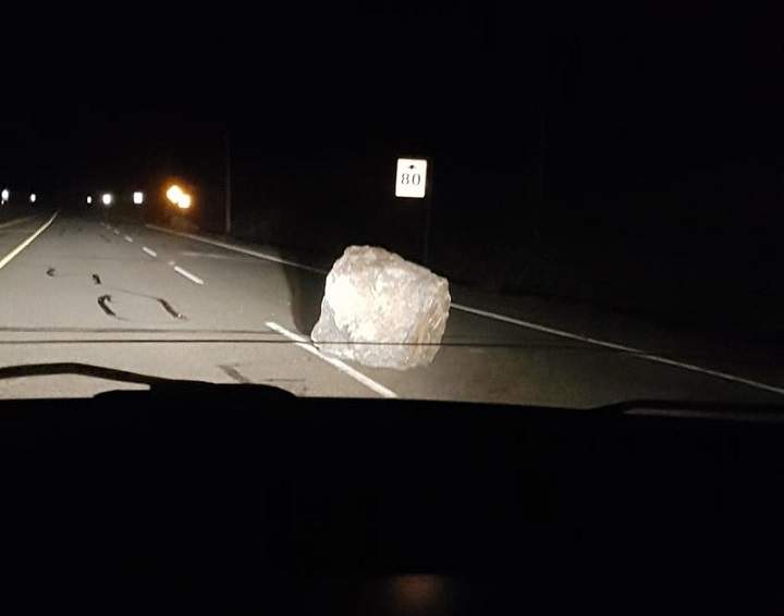 A Princeton, B.C., resident took this photo of a boulder blocking a lane shortly after Friday night’s rockslide along Highway 3 west of Keremeos. 