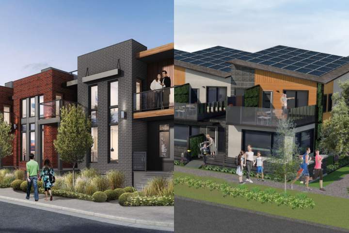 Renderings of the townhomes being built by Encore Master Builder (left) and Carbon Busters (right) in the Blatchford neighbourhood of central Edmonton. 