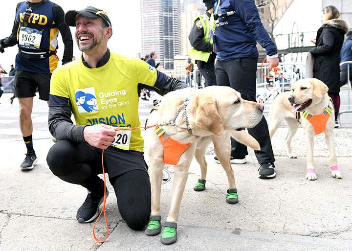Dogs Gus and Waffle join Guiding Eyes for the Blind President and CEO, Thomas Panek, as he runs the first ever 2019 United Airlines NYC Half Marathon led completely by guide dogs, on March 17, 2019 in New York City.