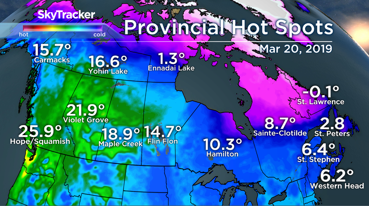 The hottest temperatures recorded in each province across Canada on March 20.