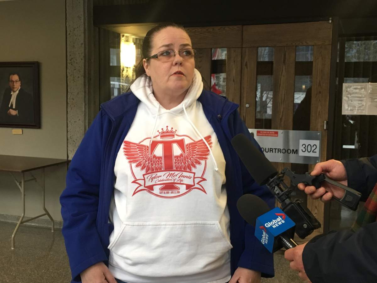 Catherine Johnson speaks with media after the Downey brothers are convicted for her son’s death at Nova Scotia Supreme Court in Halifax on March 15, 2019.
