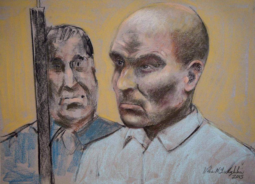 Bertrand Charest is seen on a court drawing during a bail hearing, on March 16, 2015 in St-Jerome, Que. Former national ski coach Bertrand Charest will be released from prison as he appeals his sexual-assault convictions.THE CANADIAN PRESS/Mike McLaughlin.
