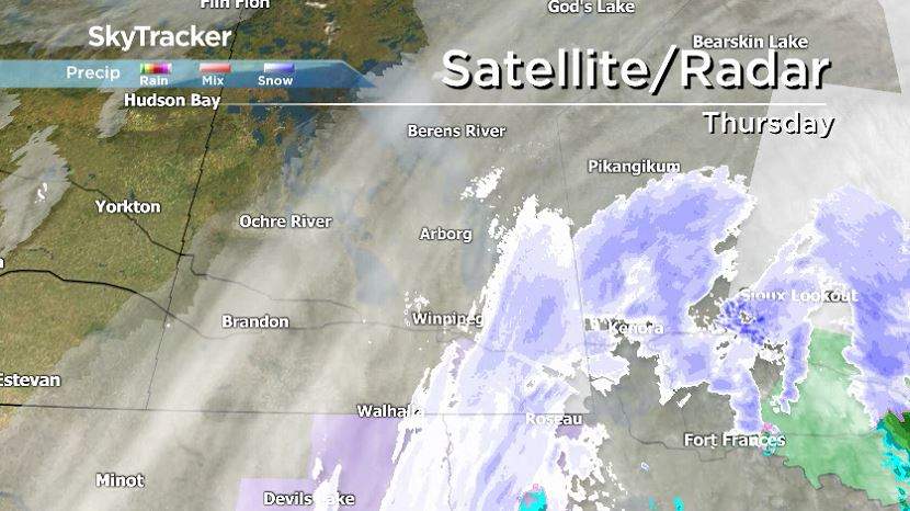 This map shows the weather system blanketing south eastern Manitoba mid-day Thursday.