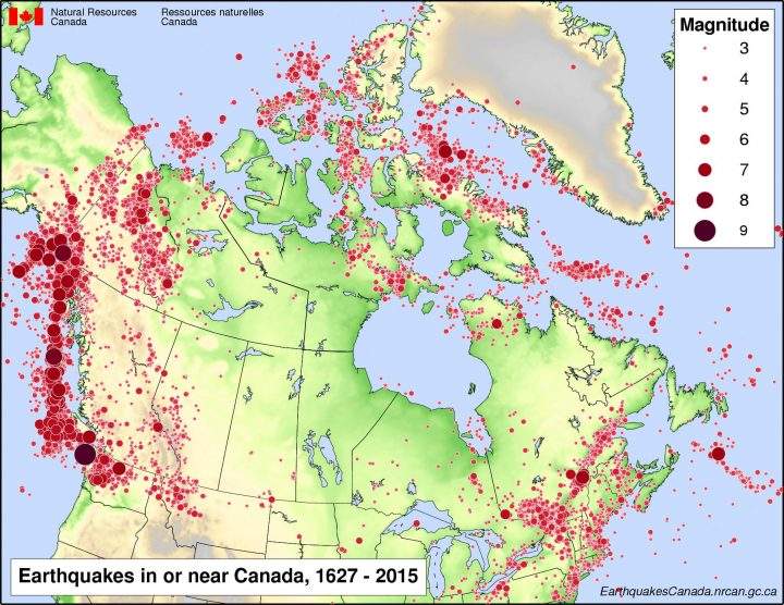 Earthquake map of Canada.