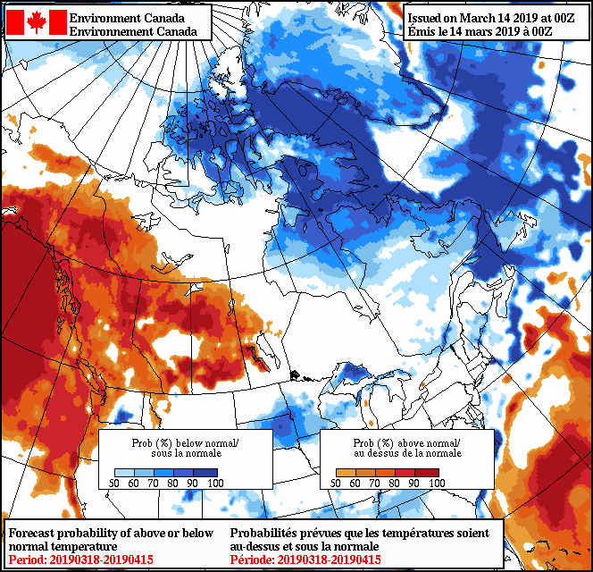 The monthly temperature forecast shows a high probability of above normal temperatures for northern andsouthern Alberta.