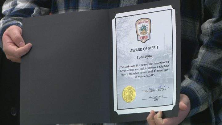 The Saskatoon Fire Department recognized Evan Pyra’s heroics with an award of merit.