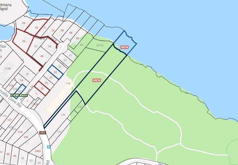 A section of vacant land, marked by the dark blue outline and “new” marker, indicates the piece of land up for sale in the Sir Sandford Fleming Park in Halifax, N.S.