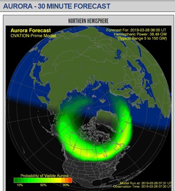 The OVATION Aurora Forecast Model shows a moderate chance of seeing Northern Lights in Northern parts of Canada overnight Thursday into Friday morning.