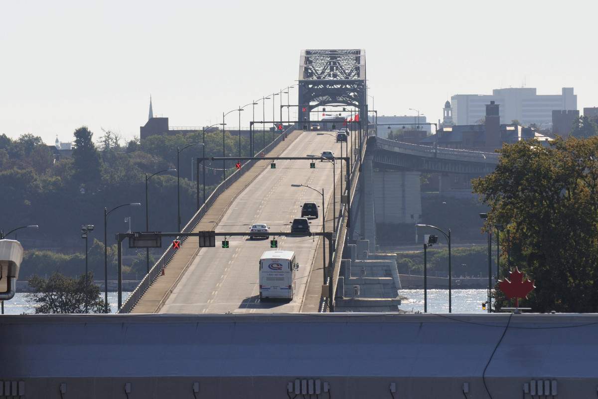 The Fort Erie Peace Bridge and customs plaza on the Canadian side, viewing towards Buffalo.