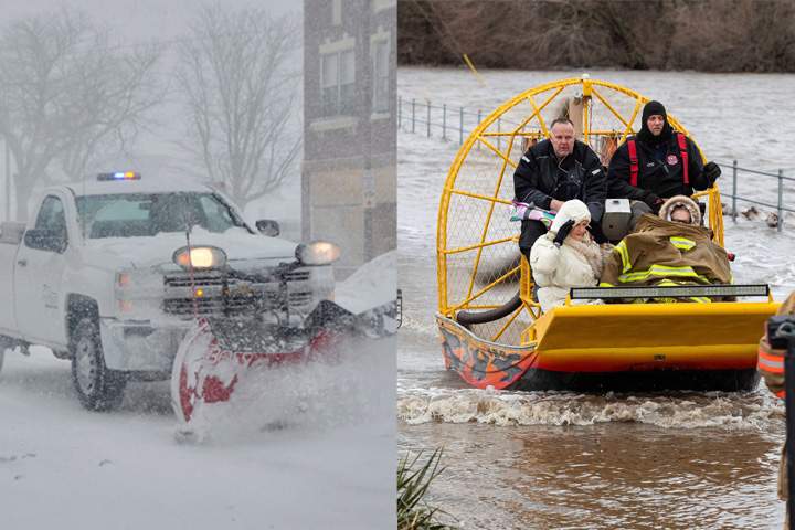 This composite photo shows snowplows in Scottsbluff, western Neb., and a hovercraft in Ashland, eastern Neb. on March 13, 2019.