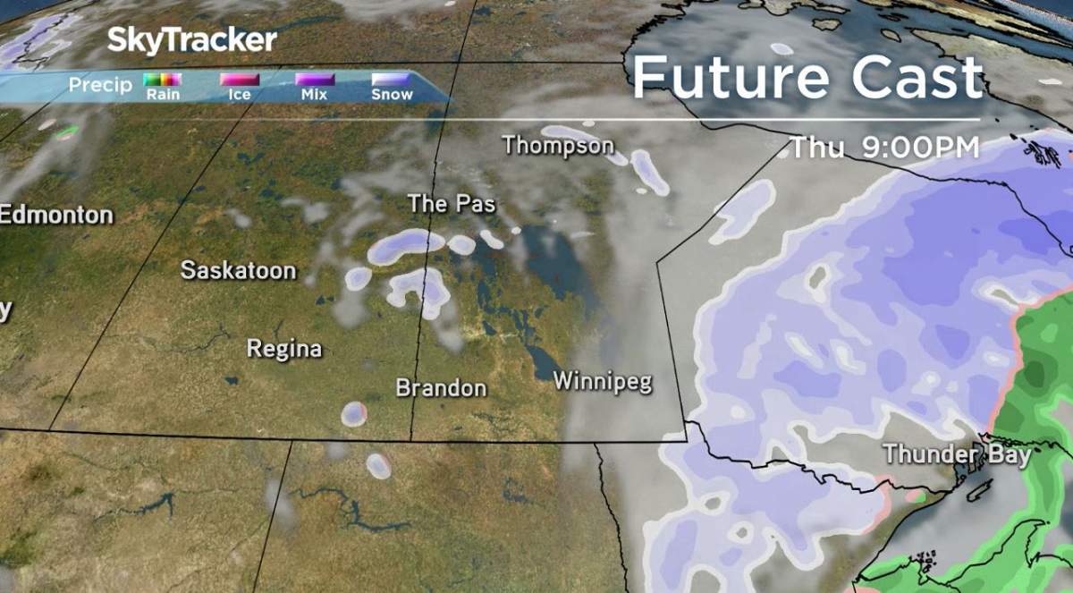 According to this map, the storm system will have moved out of Manitoba by Thursday evening.