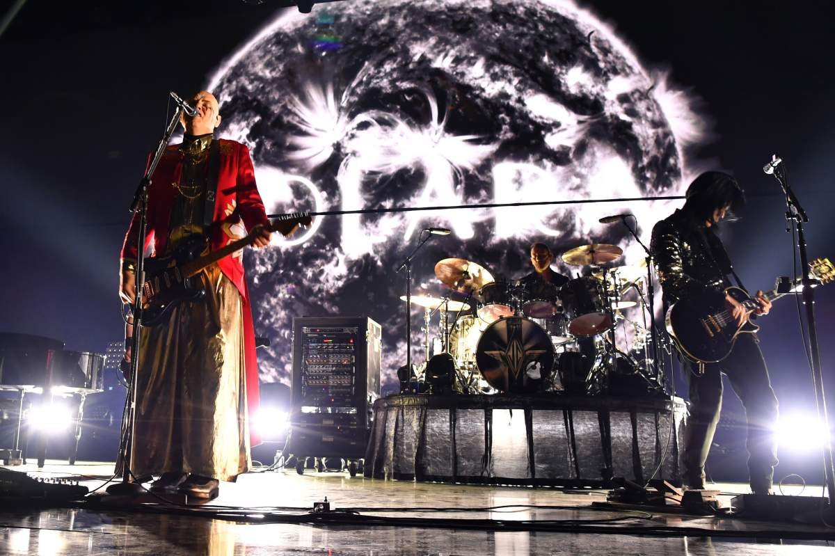 Billy Corgan (L) and James Iha of The Smashing Pumpkins perform onstage during KROQ Absolut Almost Acoustic Christmas 2018 at The Forum on Dec. 8, 2018 in Inglewood, Calif.