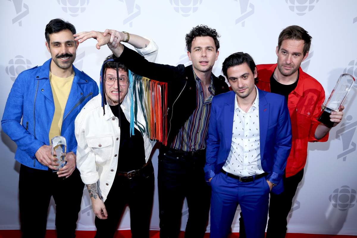 The Arkells pose in the winners’ room during the 2019 Juno Awards at London Convention Centre on March 17, 2019, in London, Ont.