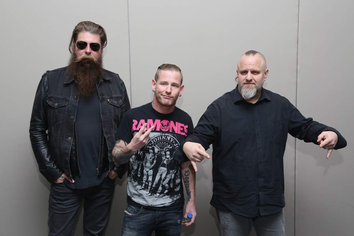 (L-R) Jim Root, Corey Taylor and Shawn ‘Clown’ Crahan of Slipknot at St. Regis Hotel on Dec. 3, 2015, in Mexico City.