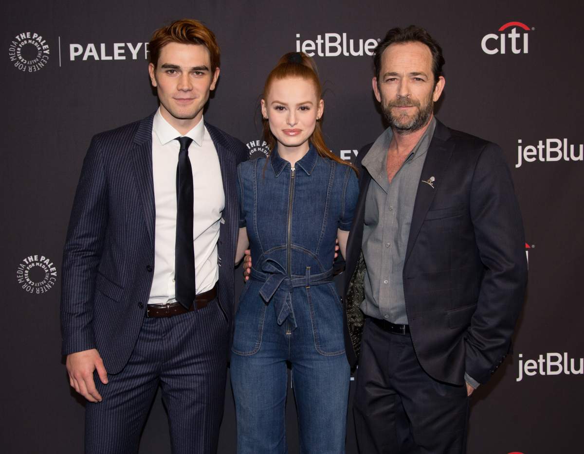 (L-R) KJ Apa, Madelaine Petsch and Luke Perry arrive for the 2018 PaleyFest Los Angeles - CW's 'Riverdale' at Dolby Theatre on March 25, 2018 in Hollywood, California.  