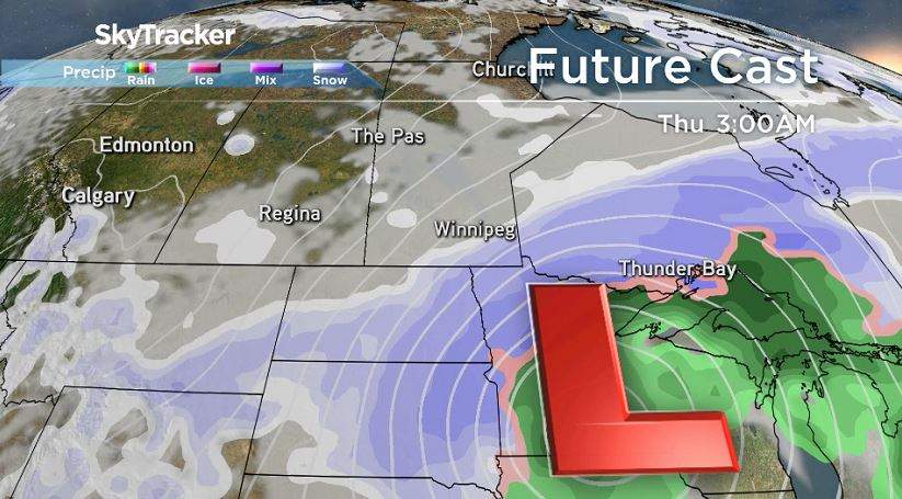 GFS model run of Colorado Low tracking into southern Manitoba Mar. 14, 2019.