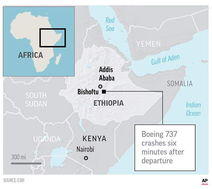 The airplane crash occurred around Bishoftu, or Debre Zeit, some 50 kilometers (31 miles) south of the capital, Addis Ababa, shortly after taking off at 8:38 a.m.;