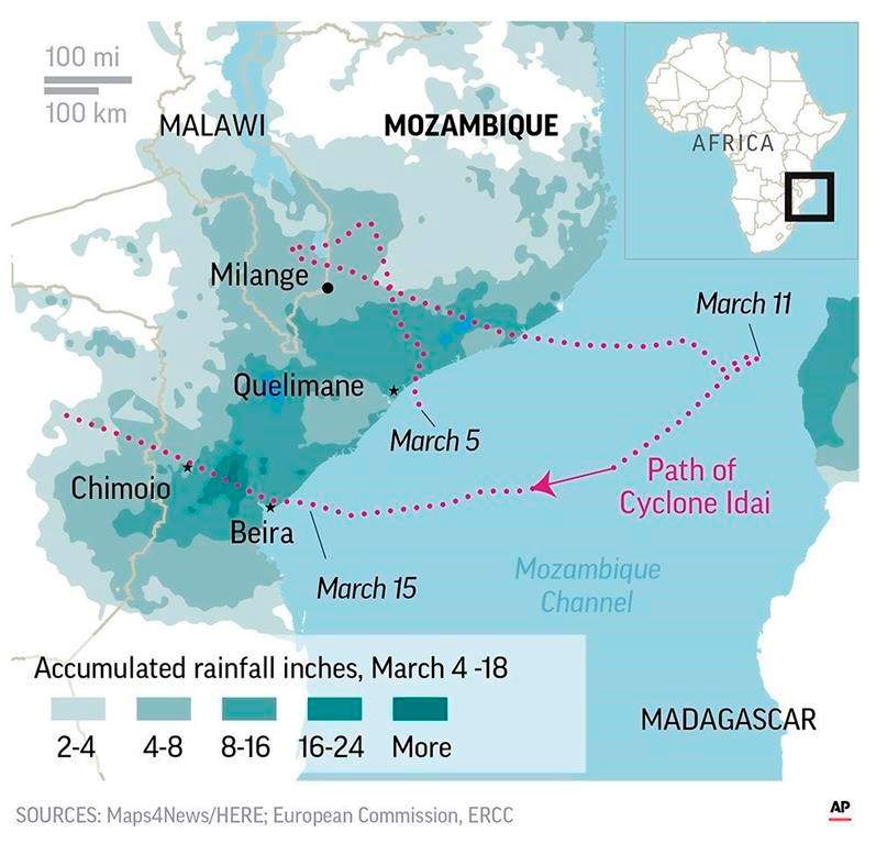 The rapidly rising floodwaters created “an inland ocean” in Mozambique, endangering tens of thousands of families, aid workers said.;