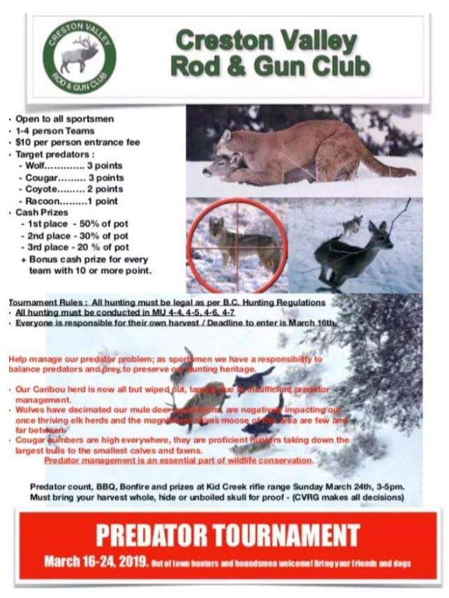 A flyer advertising the “predator tournament” being held by the Creston Valley Rod and Gun Club in Yahk, B.C.