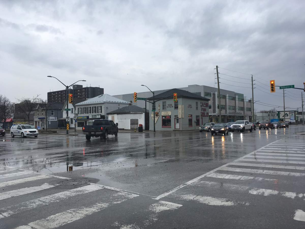 A woman was struck by a vehicle at the intersection of Horton Street East and Wellington Street Thursday morning. 
