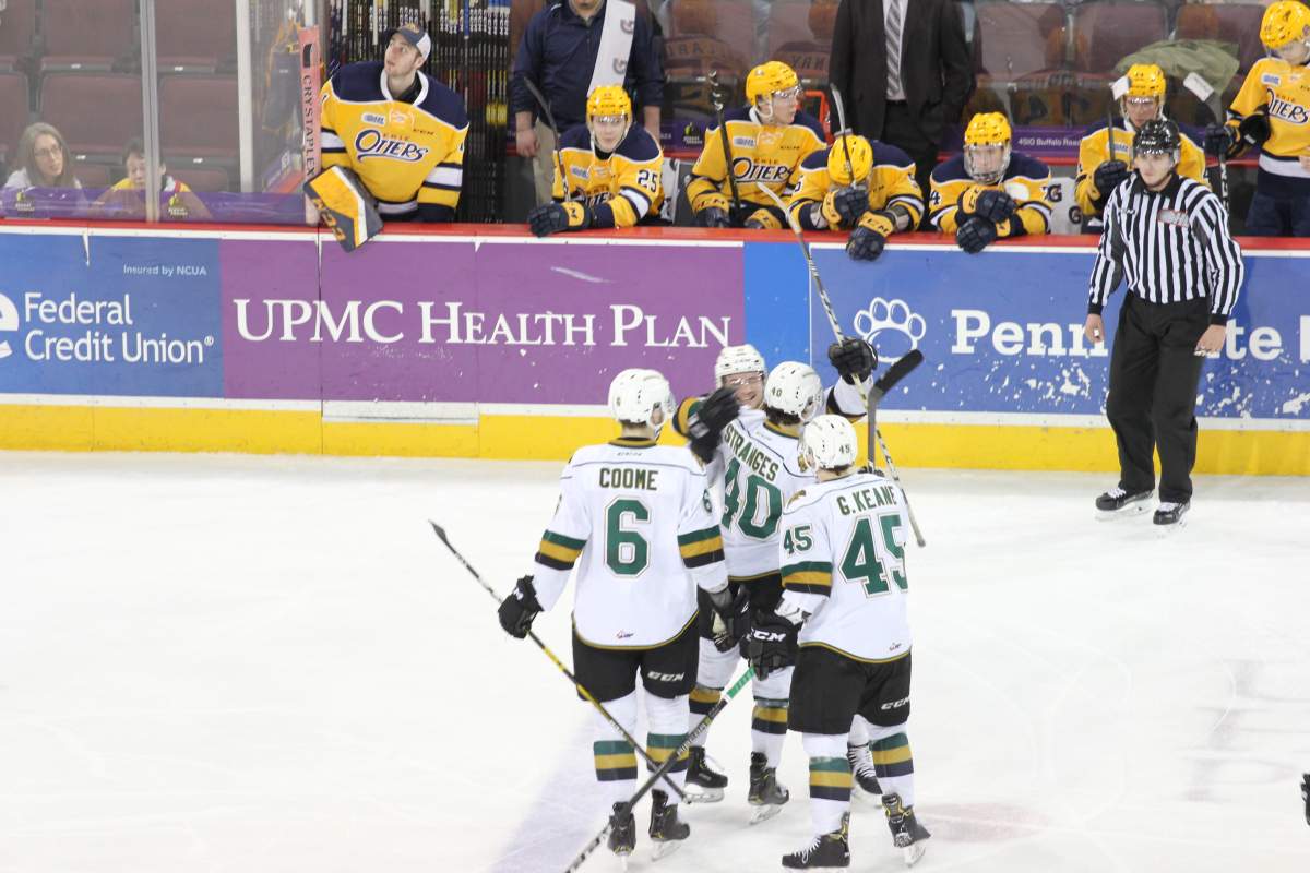 The London Knights celebrate a goal in a 3-1 win over the Erie Otters on March 3, 2019, that gave them a third straight victory and the Midwest Division title.