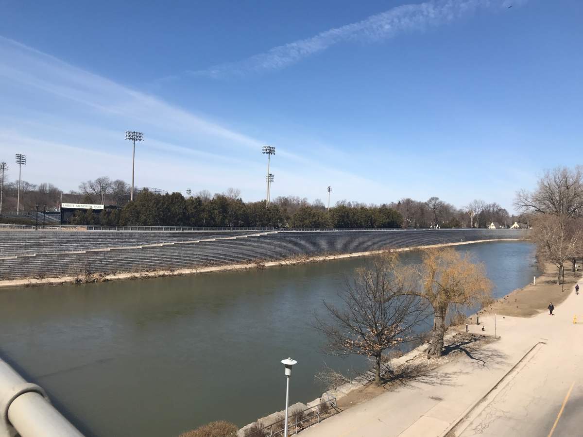 A portion of the Thames River near Labatt Park. 