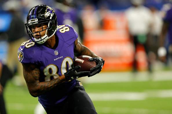 Baltimore Ravens wide receiver Jaelon Acklin (80) during the NFL preseason game between the Baltimore Ravens and the Indianapolis Colts on Aug. 20, 2018, at Lucas Oil Stadium in Indianapolis.