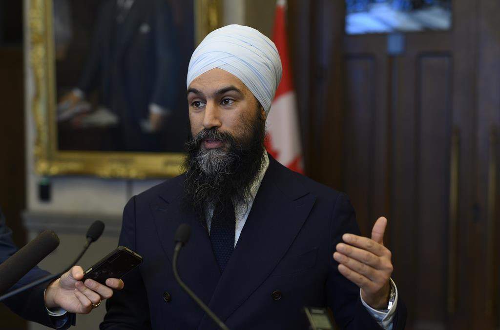 NDP Leader Jagmeet Singh speaks to reporters after the tabling of the federal budget in the House of Commons on Parliament Hill in Ottawa on Tuesday, March 19, 2019.