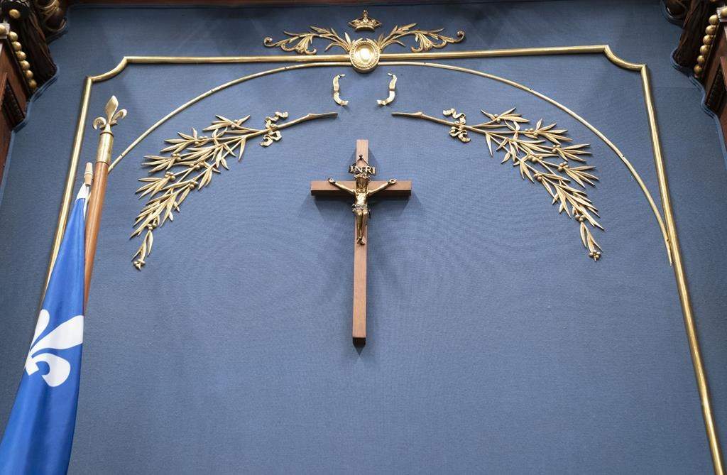 The crucifix hanging on the speaker's throne, Thursday, March 28, 2019 at the legislature in Quebec City.
