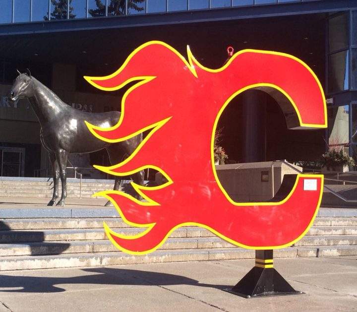 The Flaming C is pictured at city hall on March 21, 2019. The City of Calgary announced Friday that there won’t be construction along 17 Avenue S.W. during the Flames’ playoff run.