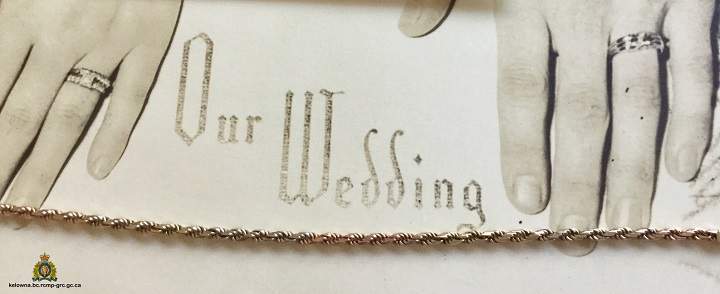 A photo of the reported stolen necklace in Kelowna, placed above a photo of the two wedding bands that were on the necklace.